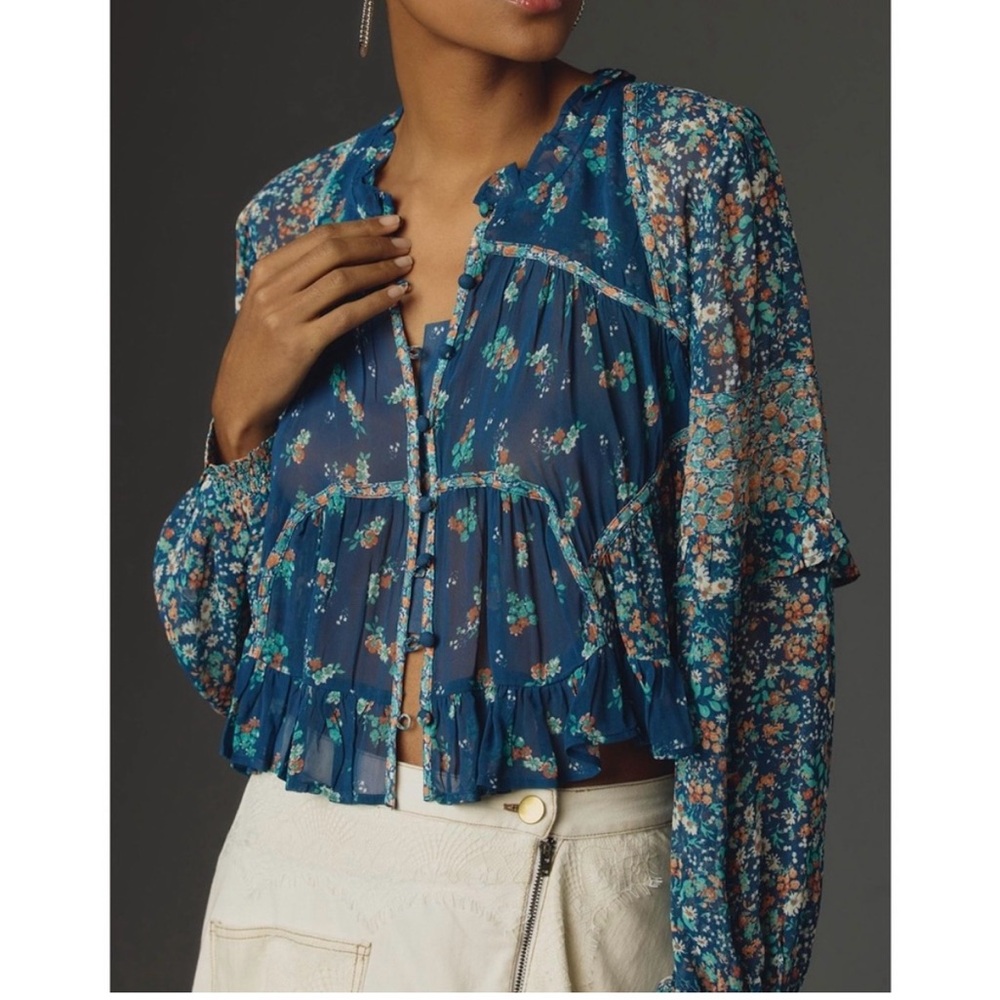 By Anthropologie Sheer Babydoll blouse Blue Motif              X-Small NWT - Picture 2 of 5